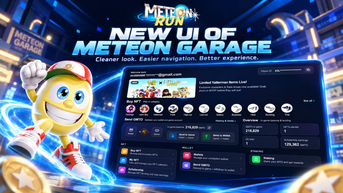 meteon_run's tweet photo. 🚀 THE NEW METEON GARAGE UI IS HERE! 🚀

A fresh new look has arrived for Meteon Garage! ✨
Everything is now cleaner, smoother, and easier to navigate — giving players a better way to manage their NFTs, GMTO, Scholarships, Wallets, and Staking all in one place. 🔥

⚡️ Cleaner interface
👟 Faster access to NFT features
💰 Easier GMTO management
🎓 Improved Scholarship overview
🔐 Wallet & Staking 

The Garage keeps evolving as we continue improving the overall Meteon Run experience. 🏃‍♂️💨
Check out the new Meteon Garage and explore the upgraded UI! 👀🔥

#MeteonRun #MeteonGarage #Web3Gaming #NFTGaming #GameFi #Polygon #BlockchainGaming