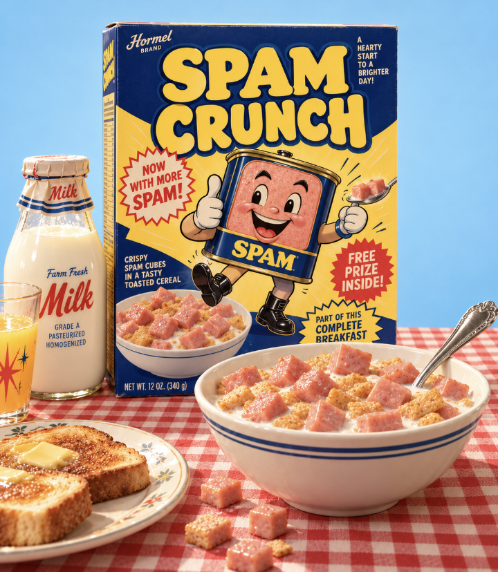 spamcorp's tweet photo. big breakfast doesnt want you to know this but you can survive on spam crunch and nothing else for years https://t.co/nxI8eR1oR3