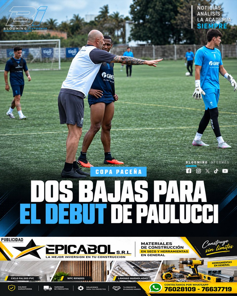 BloomingInforme's tweet photo. 🚨🔵⚪ DOS BAJAS PARA EL DEBUT DE PAULUCCI

Blooming enfrentará este domingo a Bolívar con las ausencias de Guilmar Centellas, convocado a la Selección, y Marc Enoumba, suspendido tras su expulsión en el clásico. La Academia va con todo en el debut del nuevo DT. 💙🤍

#Blooming https://t.co/fw4qQIaMoV
