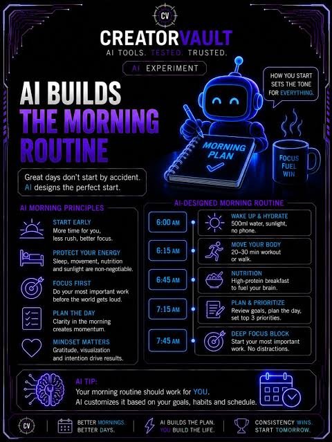 OpenAi221's tweet photo. 🚀 AI BUILDS YOUR MORNING ROUTINE

Wake up early 🌅
Move your body 🏃
Plan your day 🎯
Focus on what matters 🧠

Better mornings. Better days.
🔖 Save this! https://t.co/n9CUzSwHf4