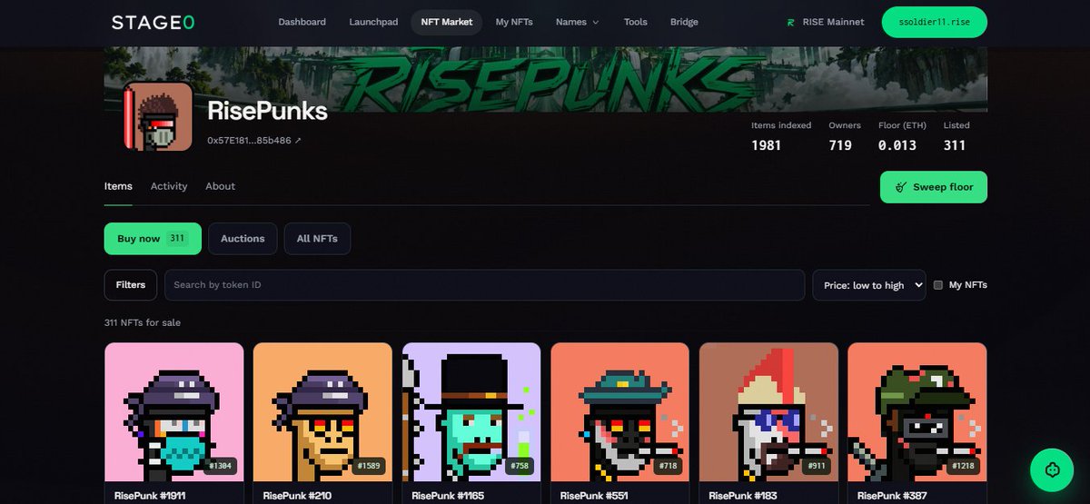 SsoldierA's tweet photo. After a day, let's take a look onto @RisePunks, the first NFT collection of @risechain. 

Actual FP: 0.013 ETH
24h vol: 2.36 ETH with an accumulated of 7.41 ETH 

The fomo hasn't come... yet, but it will. 
Soon they gonna come for our punks and you will must hold it tight.
GPunk. https://t.co/0cPLWr0Zgj
