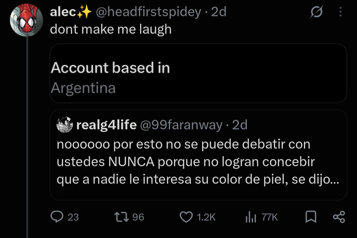 20yrspiensa's tweet photo. @headfirstspidey Oh I don't know, have you tried actually rallying together and unite as one? Or are you gonna keep being a xenophobe because you sure love being all mighty to argentinans because where they are from. Suddenly it's not funny to get backlash I presume https://t.co/s36UBZl5f9