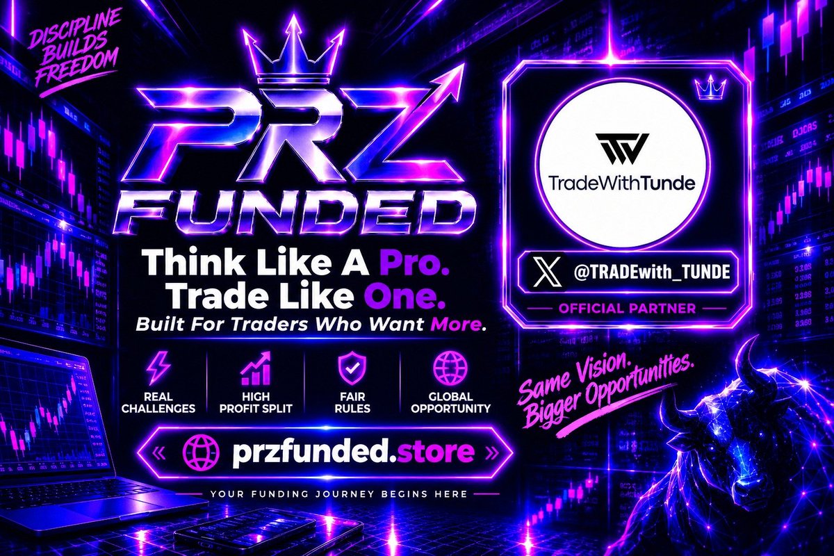 TRADEwith_TUNDE's tweet photo. GIVEAWAY TIME 

​We’re giving away 5x $100,000 Accounts with @_PrzFunded!  

​How to enter:

​Follow @TRADEwith_TUNDE & @_PrzFunded  @MufasaTundefx
@Isabelloisa1 @PopularEbube

​Like & Repost this tweet 

​Tag 3 fellow traders below (NO influencers allowed ) 

​Turn on post notifications 

​Drop screenshot proof in the replies  
​Winners announced in 24 hours!  Good luck!