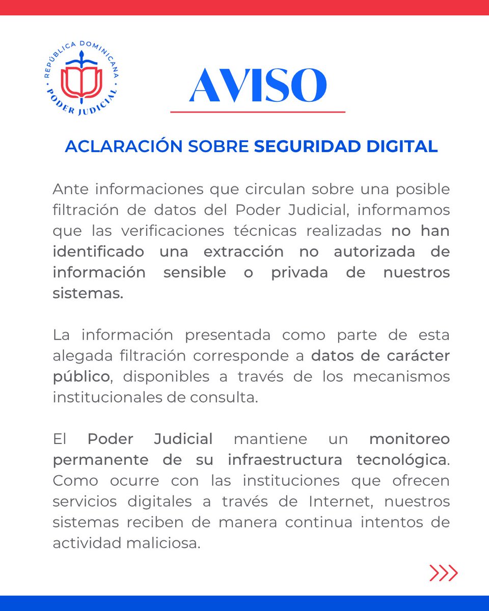 PoderJudicialRD's tweet photo. 🔐 Aclaración sobre seguridad digital del Poder Judicial. 

#PoderJudicialRD https://t.co/nbOwzXW6V7