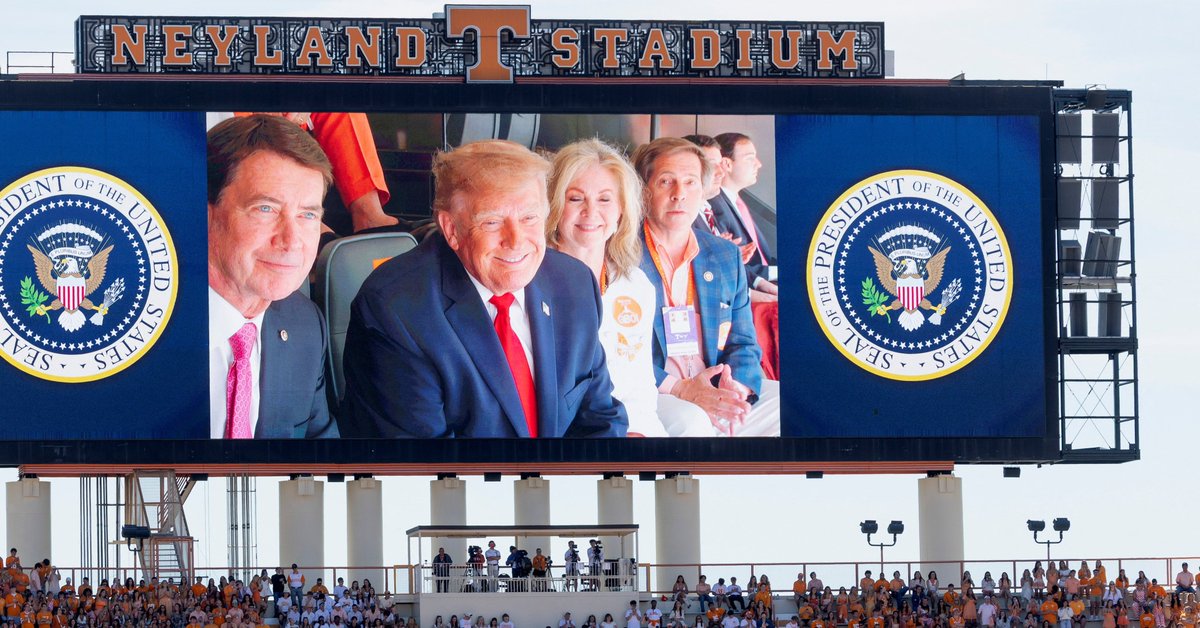 ReallyAmerican1's tweet photo. Trump flew to Tennessee for an easy Saturday afternoon in a state he’s won three times, and a stadium full of football fans booed him. He pumped his fist at the Jumbotron and left at halftime. Back in Washington, Rep. Steve Cohen filed 26 articles of impeachment laying out the case against him count by count, from the Iran war to the press ban. Two watchdog groups are suing Trump and Natalie Harp over a program that sells early access to official government posts for $100,000 a month, through a company Trump owns the biggest piece of. And his ambassador to Greece, Kimberly Guilfoyle, has been steering European governments toward a gas company whose lobbyist keeps turning up in her meetings. Read it all in the Really American Substack: https://t.co/5IMP7hRpnJ