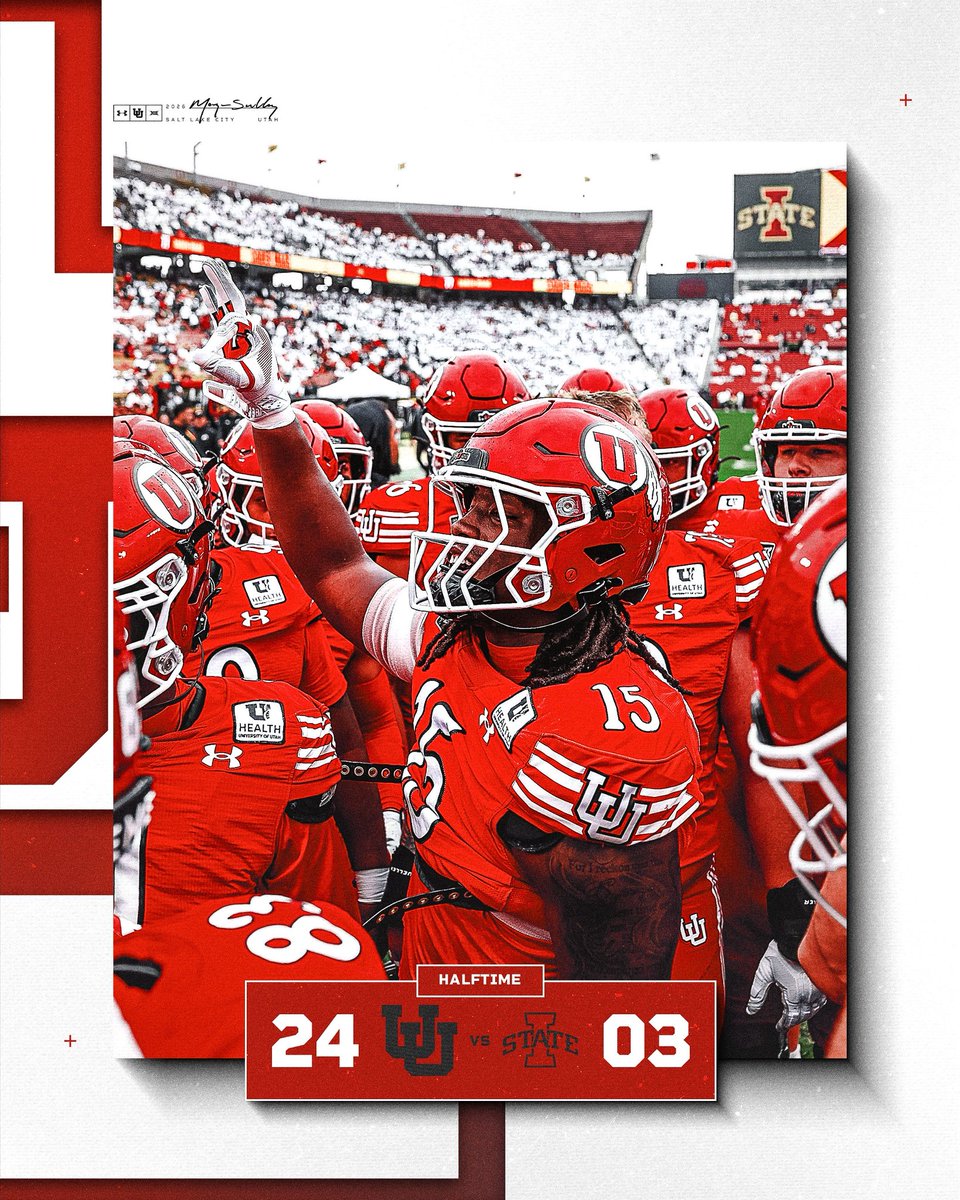 Utah_Football's tweet photo. HALFTIME 🔴🔴⚪️⚪️

Utah: 24
Iowa State: 03

#GoUtes | #RSNB https://t.co/4s2AIbQFDC