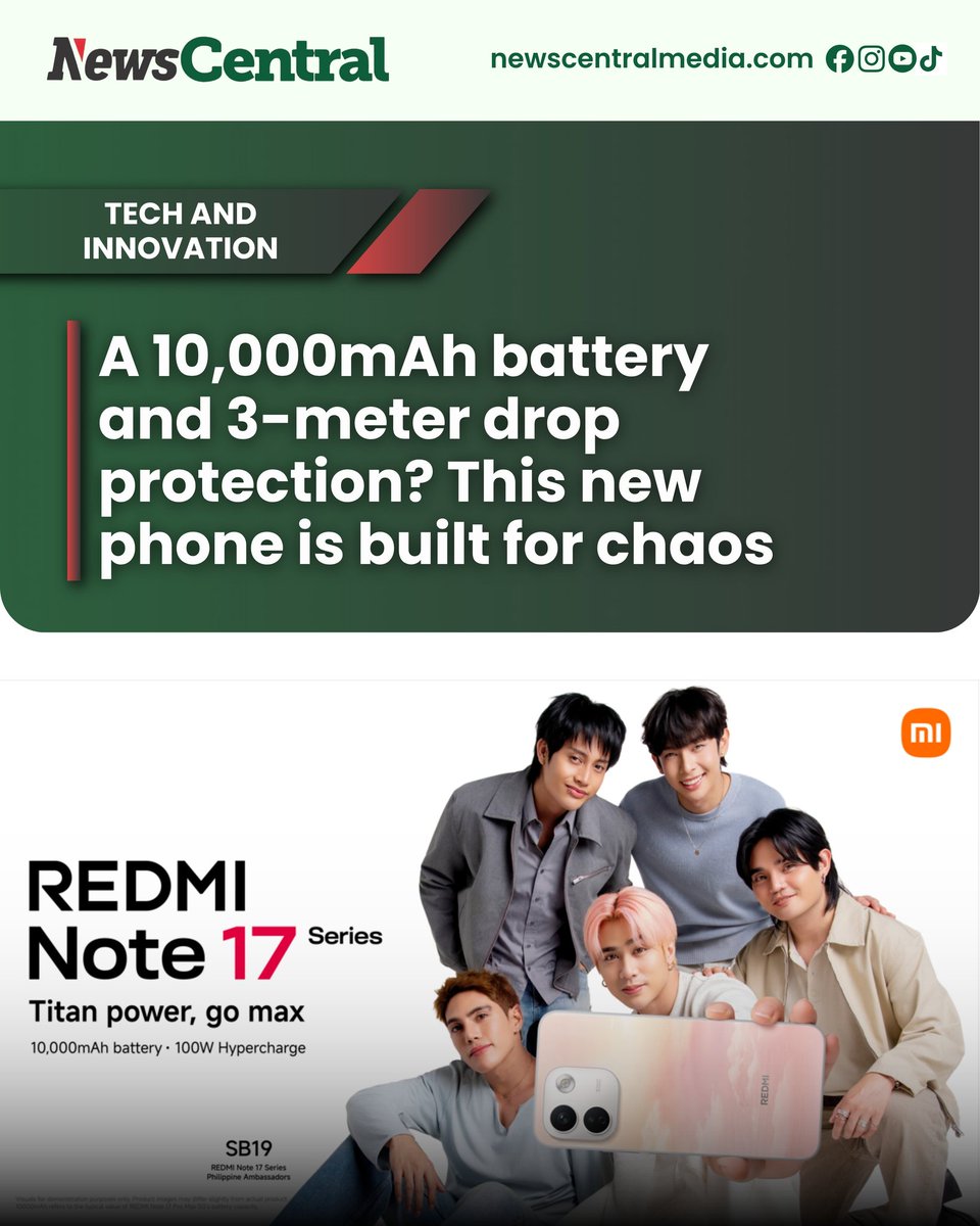 gracehall018rcf's tweet photo. SB19 meets a phone built for real life. The upcoming REDMI Note 17 Series delivers marathon battery life, fast charging, water resistance and serious drop protection, with SB19 as its Philippine ambassadors ahead of its September 15 launch. https://t.co/afwp3sMzB6