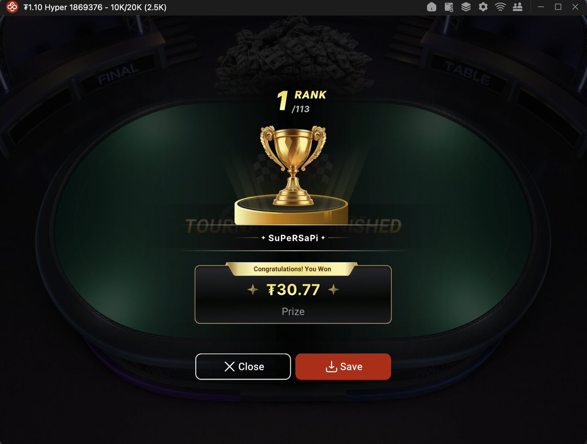 Supersapi3's tweet photo. After endless podium finishes, finally took down my first MTT on @CoinPoker_OFF 🏆

It was a $1.10 Hyper, but they don’t ask how, they ask how many 😂 https://t.co/TUnKCcxW5d