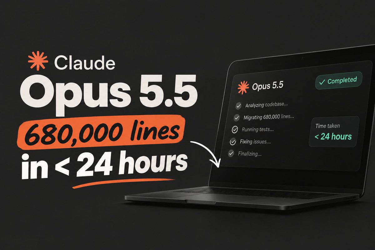 aiwithajitt's tweet photo. Claude Opus 5.5 is kind of ridiculous.

A tester gave it a 680,000-line code migration.

It finished in less than a day.

Work that Anthropic says could have taken an engineering team weeks.

And this model costs 40% less to run than Opus 5.

AI agents are getting scary efficient.