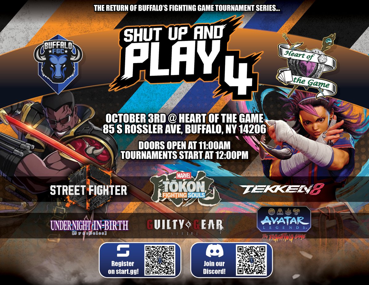 BuffaloFGC's tweet photo. The schedule for #SUAP4 is now out. 
Go check out the schedule at https://t.co/POFXGJHIOb and sign up to join us at Heart of the Game on 10/3! https://t.co/KEZqLjXbuQ