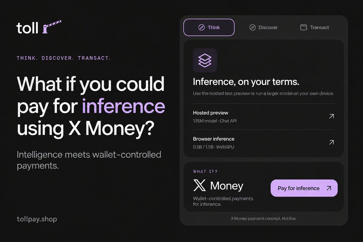 tollpay_arc's tweet photo. What if you could pay for inference on Toll using X Money?

Toll brings inference, service discovery, and wallet-controlled actions together. Imagine X Money as another way to pay for the intelligence your agent needs. https://t.co/HztIXGRIlL