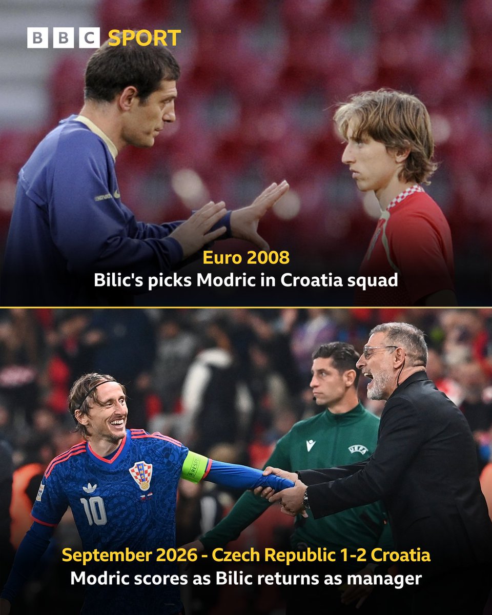 BBCMOTD's tweet photo. ↔️ 18 years apart, still working together 🤝

Luka Modric and Slaven Bilic are reunited once more with Croatia 🇭🇷 https://t.co/mXqP3L7ozy