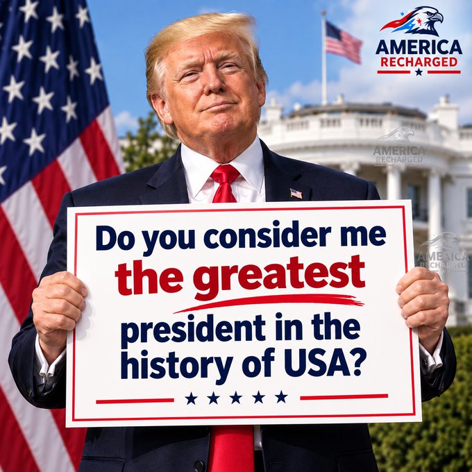 A political promotional image featuring Donald Trump holding a sign that reads 'Do you consider me the greatest president in the history of USA?' with an 'America Recharged' logo in the corner, set against the White House and an American flag.