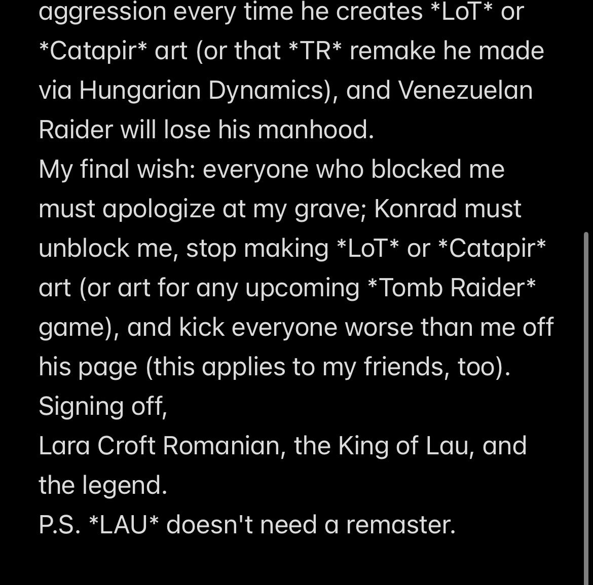 JesuisJanice's tweet photo. Lararomanian is sending me dms saying he will commit sv1c1de because LAU remasters are real😭. 

This is very serious, this guy really has schizophrenia or something. He thinks he’s cursed everytime he sees sth related to Legend and needs HELP ASAP

If someone knows him, help him https://t.co/PON3s4Crr0