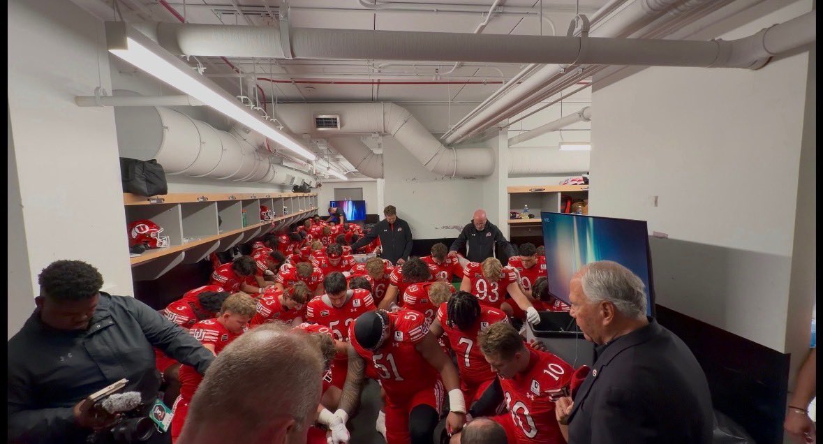 utesforlife's tweet photo. Elder Rasband giving a prayer in the locker room before the game today.  NBD. https://t.co/52syz5Rv77