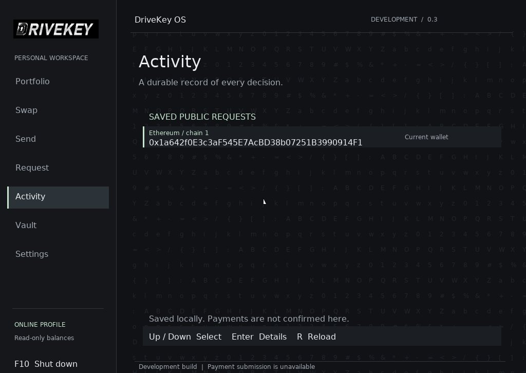 DriveKeyyy's tweet photo. DriveKey OS update 

Added transaction history 

The UI isn’t final—this is a barebones development version. Payments aren’t enabled yet. More functionality and polish to come.

#BuildInPublic https://t.co/NhZbCK8It9