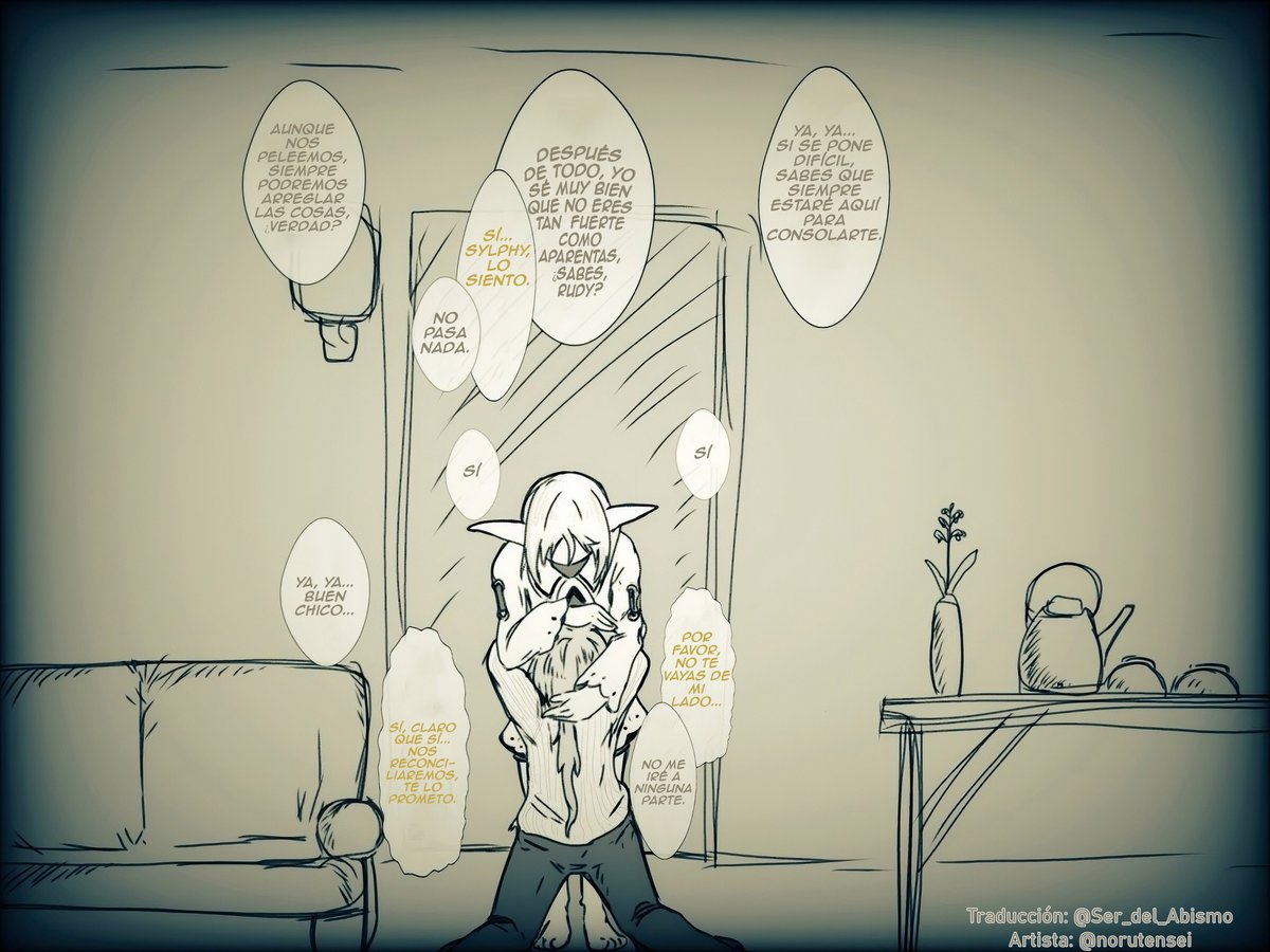 Ser_del_Abismo's tweet photo. Rudeus: “Sabes, cuando yo esté… realmente herido, podría arruinar las cosas… podría decir cosas estúpidas, cosas horribles, en vez de llorar en tu hombro…”  
Sylphie: “¿Eh? ¿Por qué dices eso tan de repente?”  
Rudeus: “Pero, por favor, no desaparezcas de mi vida…” https://t.co/LCvfFc9IMd