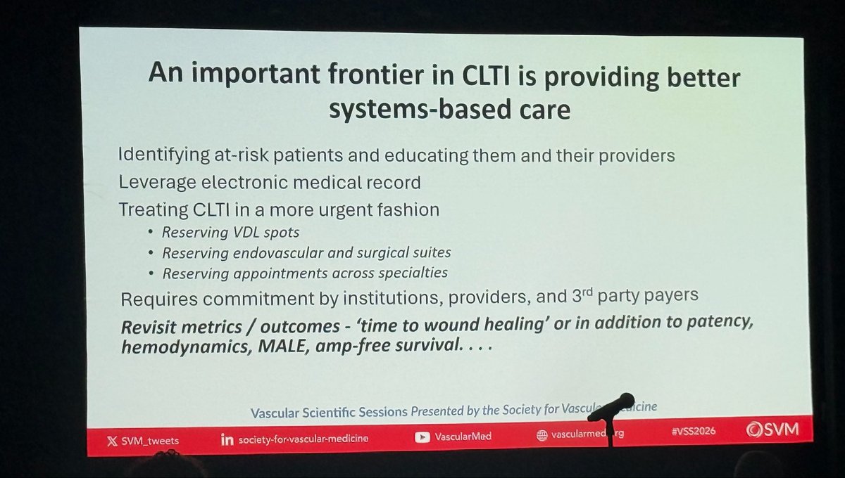 sallysammak's tweet photo. Great talk from Dr. Kevin Rogers on #CLTI care: earlier identification, faster pathways, and outcomes beyond patency, including time to wound healing.
#SVM #VSS2026 @SVM_tweets https://t.co/SBrn7Bb18M