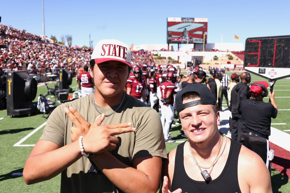 NMStateFootball's tweet photo. Some familiar faces in the crowd 👀

#AggieUp x #RideForTheBrand https://t.co/ndDZgwG3XC