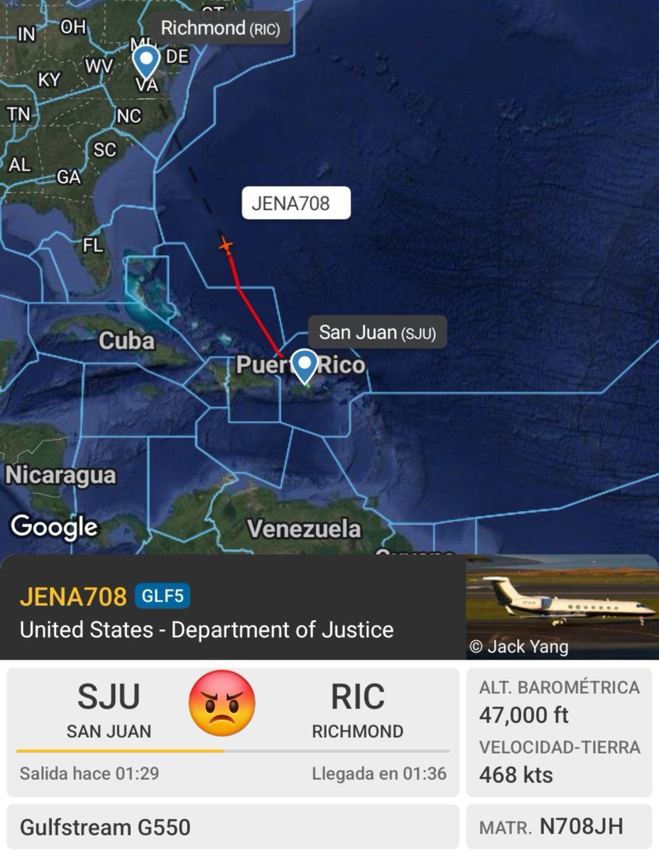 Arr3ch0's tweet photo. N708JH del Departamento de Justicia 🇺🇸 retornando a Richmond luego de visita relámpago a San Juan 🇵🇷. 30 minutos estuvo en tierra.
Éste jet es frecuentemente usado para extradiciones. Fue el que se llevó a Saab de Cabo Verde en su 1era extradición. https://t.co/SjMgPXlf3w