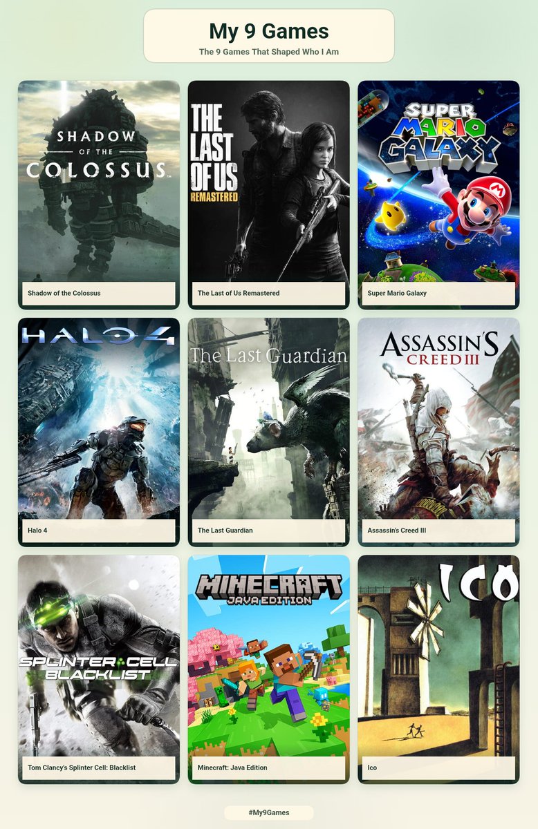 Ic0WithAZero's tweet photo. the 9 games that made me

a few black sheep I have many memories of playing Halo 4 and Blacklist with my brother, so idc if they are mid

Mario Galaxy is one of my favorite wii games oat

the team ico games tickle my brain in just the right way, I love the world built in them https://t.co/Aay3Gh3vpP