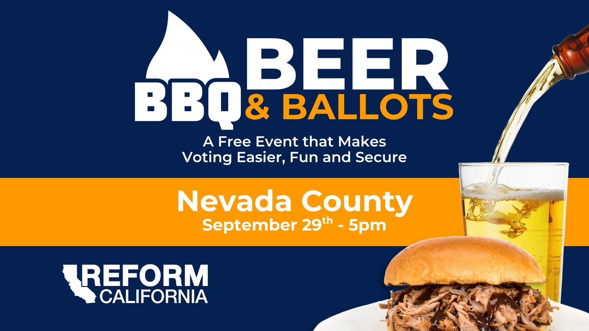 carldemaio's tweet photo. 🍔🍺🗳️ BBQ, Beer &amp; Ballots hits Grass Valley!

Tue 9/29 | 5–6:30 PM | Nevada County Fairgrounds

FREE plain-English voter guide, YES on 39 (Voter ID) &amp; 43 lawn signs, and on-site ballot drop-off.

Tickets required and going fast 👇
https://t.co/Z3VxLJ7kDK https://t.co/cdIO2VPk4H