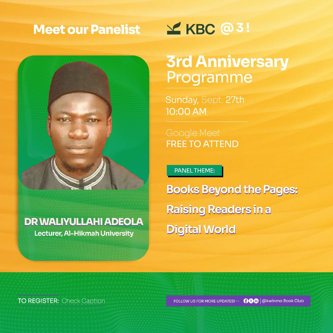 KwinmoBookClub's tweet photo. Join us for the KBC @ 3 Anniversary Lecture &amp; Celebration and stand a chance to win! 🎉

📅 Sunday, 27 September 2026
⏰ 10:00 AM – 12:00 PM
💻 Google Meet

🔗 Register here: 
https://t.co/abjYGvbeSJ

Don’t miss it! 📚💛 https://t.co/QNNH3NcqVq