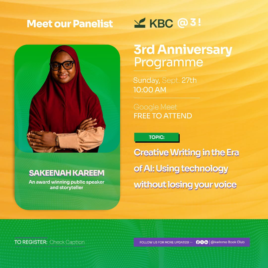 KwinmoBookClub's tweet photo. We are delighted to welcome SAKEENAH KAREEM as one of our speakers and panelists for KBC @ 3! 🎙️📚 Join us for an inspiring learning experience.
🔗 Register here: https://t.co/abjYGvbeSJ
#KBCAt3 #KwinmoBookClub #ReadWriteRise https://t.co/1vgIVRTXvL