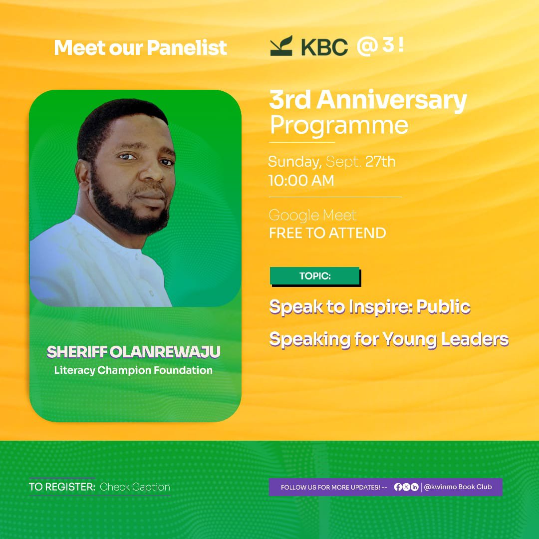 KwinmoBookClub's tweet photo. We are delighted to welcome SHERIFF OLANREWAJU as one of our speakers and panelists for KBC @ 3! 🎙️📚 Join us for an inspiring learning experience.
🔗 Register here: https://t.co/abjYGvaH3b
#KBCAt3 #KwinmoBookClub #ReadWriteRise https://t.co/eIRmRU18sx