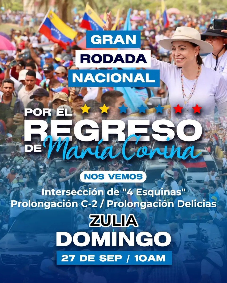 c4145_cheo's tweet photo. 5 h
¡Gran rodada por el regreso de María Corina!
🚙🛵🏍️🚲🚖🚚🩵💙

Este domingo 27 de septiembre, a las 10:00 am, en "4 Esquinas", se realizará una GRAN CARAVANA para exigir el regreso seguro de nuestra Premio Nobel de la Paz @mariacorinamachado https://t.co/1H3P2GrItl