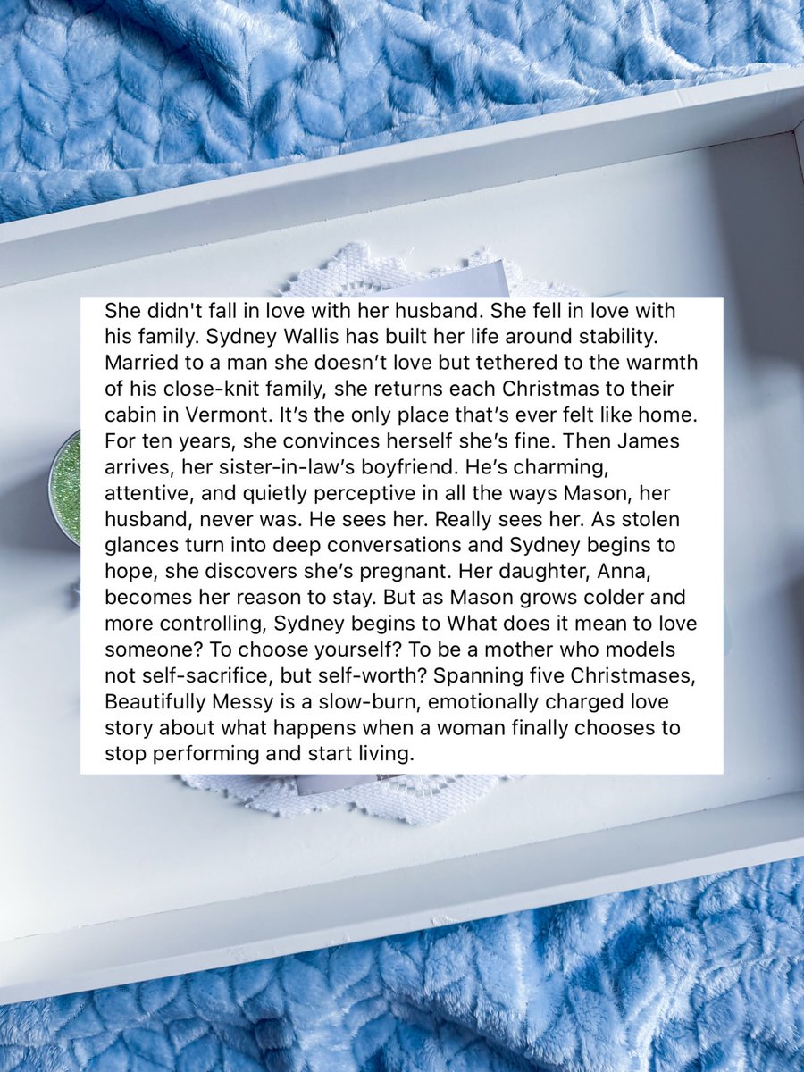 DeandreZapbnuy's tweet photo. Book review: Beautifully Messy by Noelle Everly

4/5

Thank you to the author for the free copy. This heartfelt, emotional story explores love and family across five Christmases. Sydney’s journey shows that self-worth can mean rewriting the life https://t.co/hXl3RfvqNc