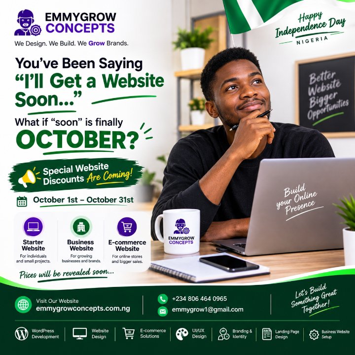 Emmygrow1's tweet photo. Been planning to get a website but kept postponing it?

👀 October might be the time to finally do it.

Special website discounts coming October 1st–31st.

Stay tuned. 🇳🇬🔥

#EmmygrowConcepts #WebDesign https://t.co/hgMXPV9yXZ