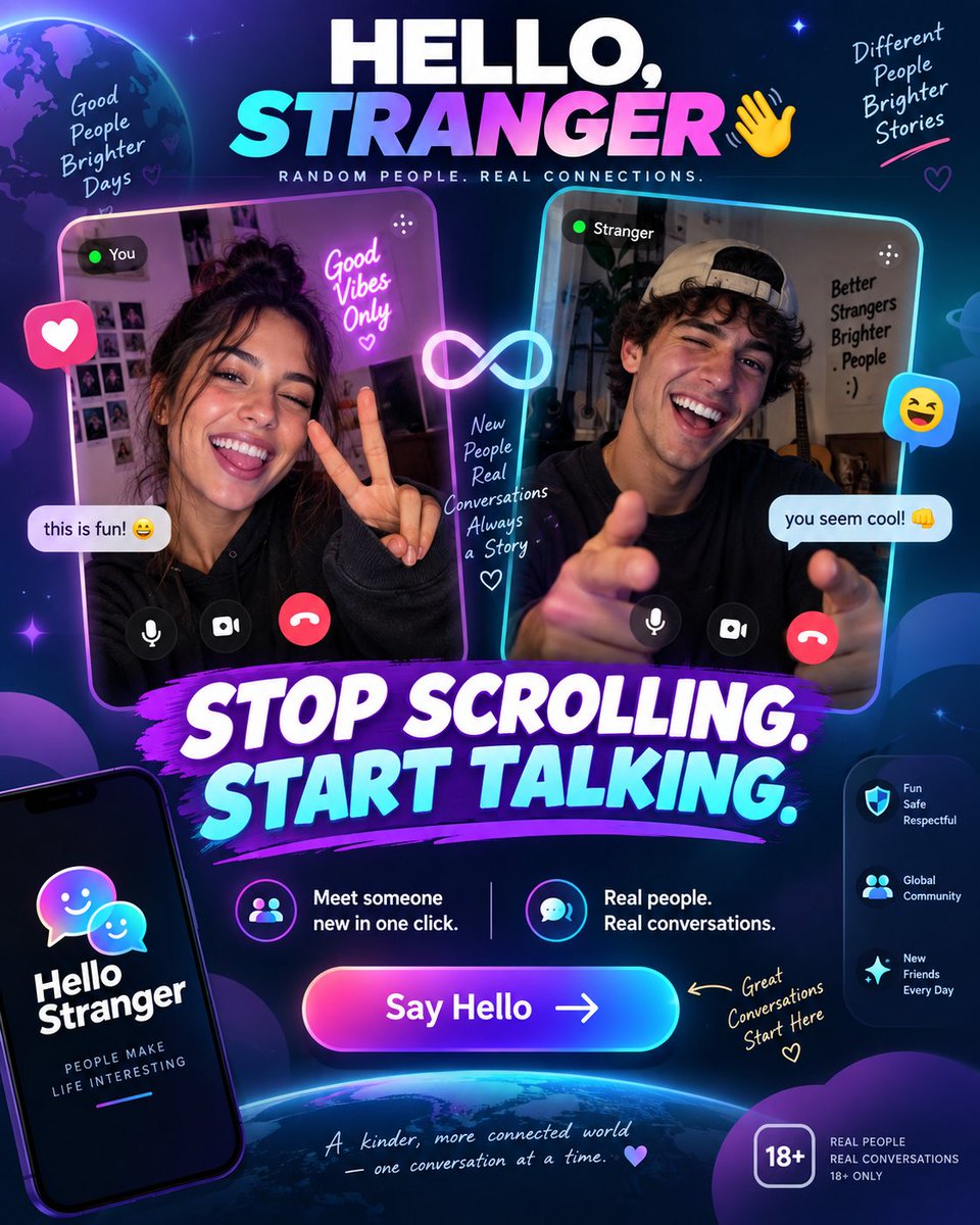 hellostrangewb's tweet photo. 🚨 HELLO STRANGER MEET-UP 🚨

We need PEOPLE! 👀🔥

Join us at 1AM UK time tonight for a 1-hour Hello Stranger meet-up! 🎥💬

No sign-up. No account. Just jump in and meet random people.

❤️ LIKE this post if you’re joining!

🌐 https://t.co/Fx3j45KojZ

 #VideoChat  #LateNight https://t.co/kDSn0E0UaF