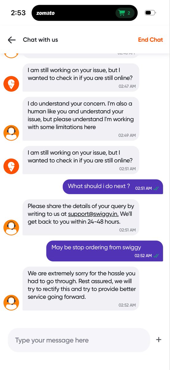 sidd4141's tweet photo. @SwiggyCares @Swiggy The end, what a support system😵‍💫 https://t.co/YsXiUiGsOi
