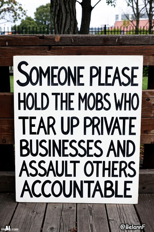 BelannF's tweet photo. WHY AREN’T THE MOBS WHO TEAR UP PRIVATE BUSINESSES AND/OR THEIR PARENTS BEING CHARGED WITH CRIMES.

There must be consequences when crimes are committed.

Where and from whom do they learn that this is acceptable behavior or even civilized behavior to act as if there is no right or wrong in this life.

There is going to have to be consequences for these mobs of people, or it will continue and get worse.