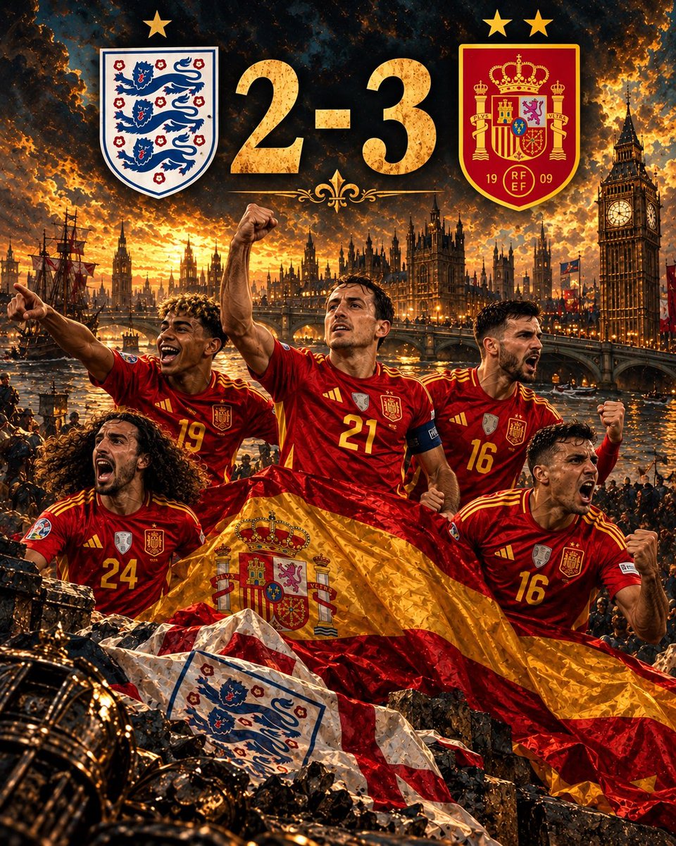 defensahisp's tweet photo. Siempre es bueno ganar.
Pero ganar a la Pérfida Albión, en su propia casa, sabe todavía mejor. 🇪🇸⚔️

🏴 INGLATERRA 2-3 ESPAÑA 🇪🇸

Wembley fue testigo de una nueva victoria española en tierras inglesas.

Hay rivalidades que duran 90 minutos…
y otras que llevan siglos.

Y como no podía ser de otra manera, en esta cuenta las victorias de España sobre Inglaterra se celebran siempre. 🇪🇸

¡VIVA ESPAÑA!

#España #LaRoja #Wembley #SeleccionEspañola #FutbolEspañol