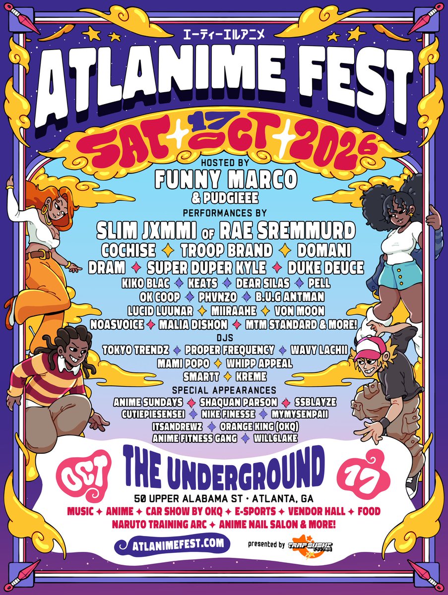 Tania_Br0wn's tweet photo. Atlanimefest is just 3 weeks away🥳 As we're counting down the days (and working on those cosplays👀), you can start planning your weekend now! #atlanimefest #undergroundatlanta #trapsushi https://t.co/HZ3c4DSVwq