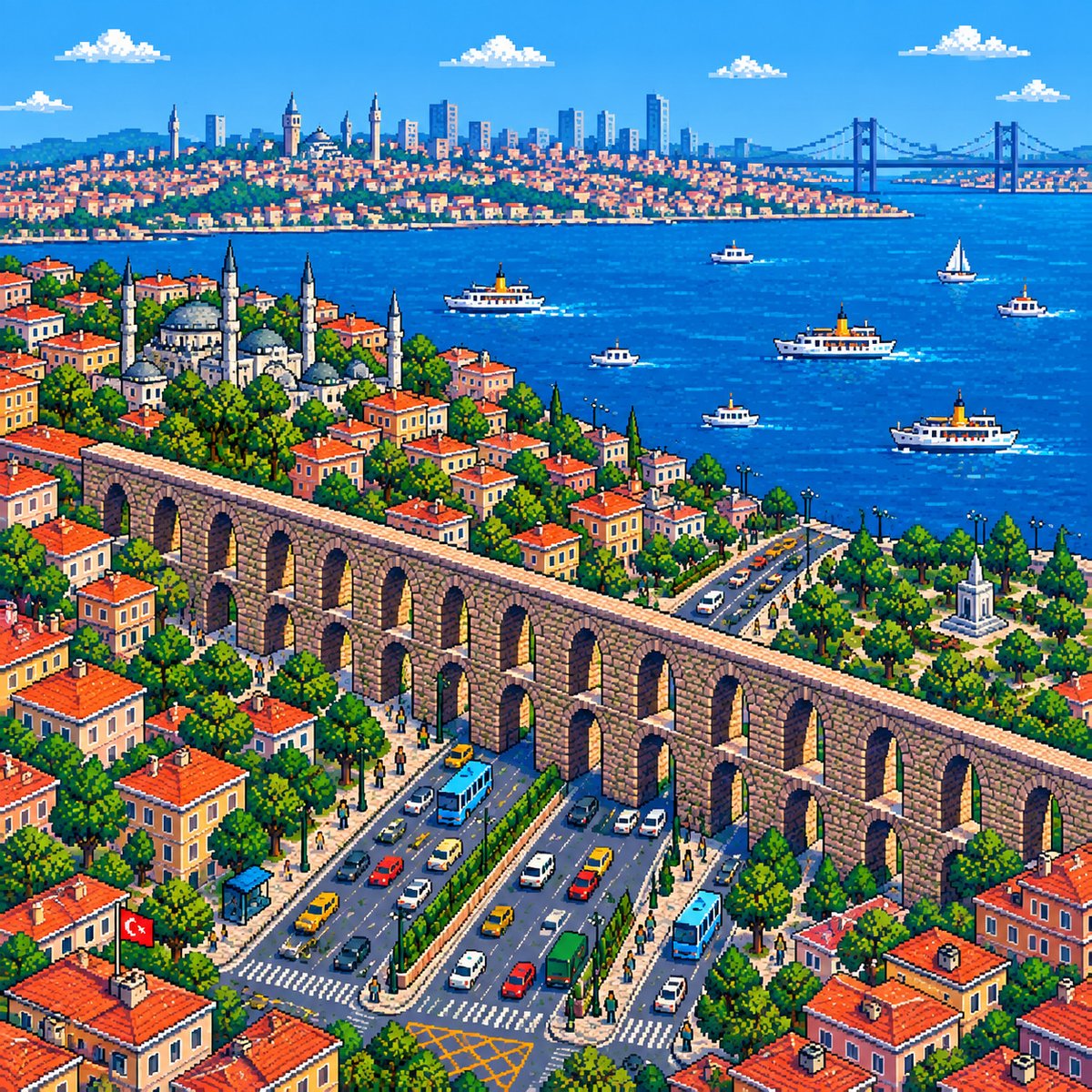 sickbitsio's tweet photo. Bozdoğan Kemeri, Istanbul — a Roman aqueduct over the city, pixel by pixel 🇹🇷🌉

#pixelart #Istanbul #Turkey #8bitart https://t.co/eb6JEZo8Wj