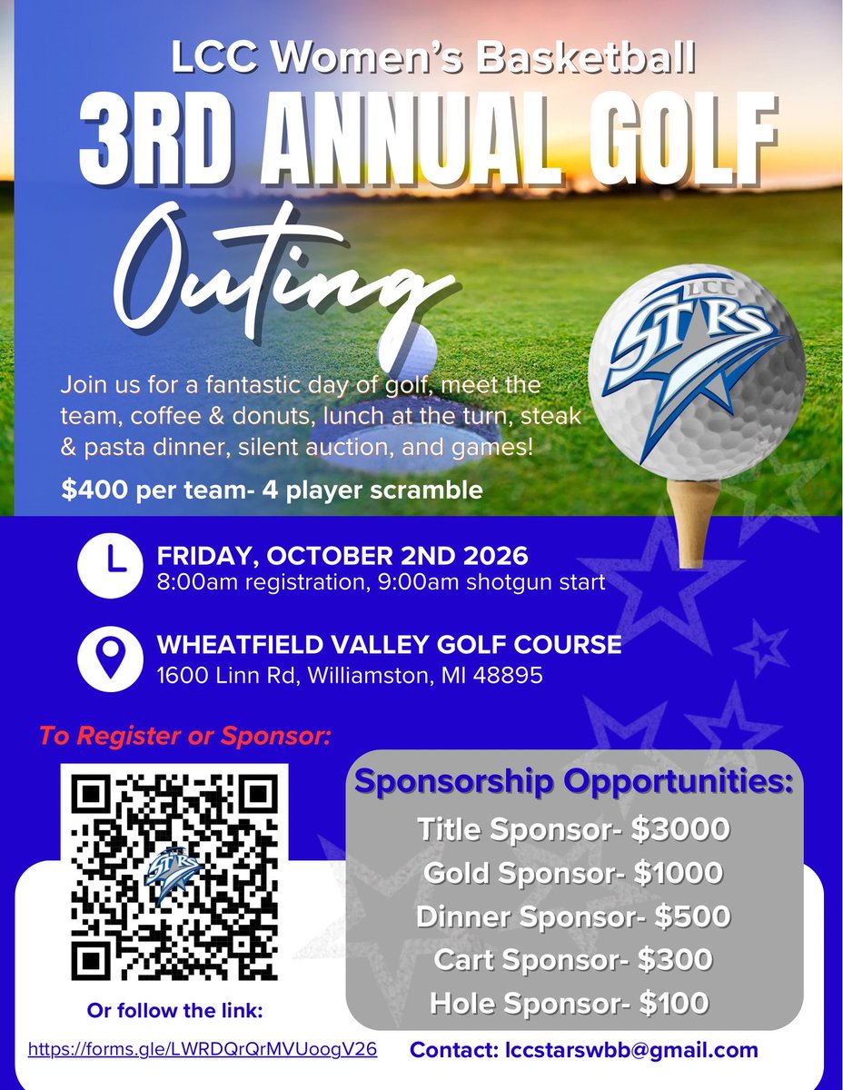 LCCstarsWBB's tweet photo. ⛳ LAST CALL — We’re Less Than a Week Away!

There’s still time to join us for our upcoming Golf Outing!

Whether you’d like to grab a foursome and hit the course or get your company involved as a sponsor, we still have a few opportunities available.

🏌️ Golfers: Get your group together and come enjoy a great day on the course.

🤝 Sponsors: This is your last chance to get your business in front of our golfers and supporters while helping make the event a success.

📅 Friday October 2nd
📍 Wheatfield Valley Golf Course
⏰ 8am registration, 9am start

Registration and sponsorship opportunities are closing soon, so don’t wait!

👉 https://t.co/oRFIsZZCLV

Already signed up? Share this with someone who should be there!

We’ll see you on the course! ⛳