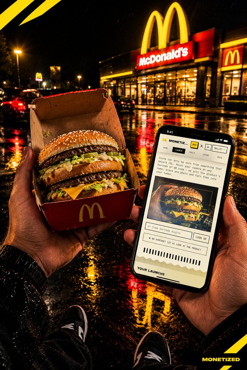 UseMonetized's tweet photo. I see good feedback on the X-Money implementation, so I'll start building that up.

Imagine walking into McDonald's, scanning their burger, deploying it on $MONETIZED, and sharing fees with @McDonalds using @XMoney.

Don't jeet for a #BigMac. Grab one and monetize it On https://t.co/MkSUZzBFDk