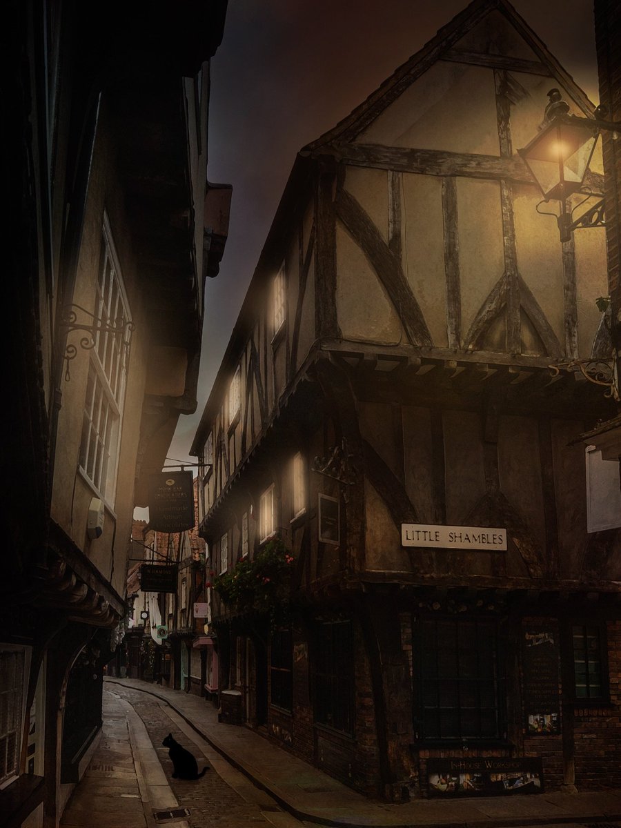 visitnorthyork's tweet photo. A quiet night in the Shambles, like stepping back into another century 🖤

Timber framed buildings leaning in over the cobbles, lit by lamplight ✨

One of England's oldest streets and after dark, it feels every bit its age 🥰 https://t.co/j5vQYIXrDA