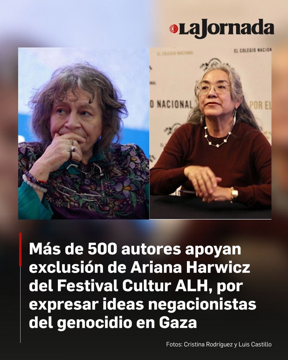 LaJornada's tweet photo. 📚 🖊️ Más de 500 autores apoyan exclusión de Ariana Harwicz del Festival Cultur ALH

Se suman a la petición de eliminar de conferencias y debates ideas negacionistas del genocidio palestino.

Rita Segato, de Argentina, y la mexicana Cristina Rivera Garza figuran entre los escritores que firmaron el manifiesto que reconoce “el valor de quienes señalaron discursos justificatorios de la violencia contra el pueblo palestino”.

Lee más aquí 👇
https://t.co/pQSzFB8isL