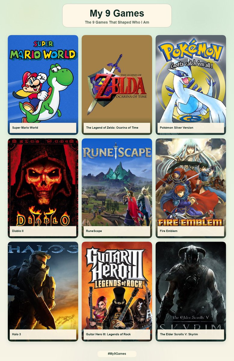 PatChatGC's tweet photo. Went ahead and did the "9 games that shaped who I am" thing, god this was hard lmao could definitely fit a few more games but I think these are really the ones that shaped me the most https://t.co/9g82gDMC8m