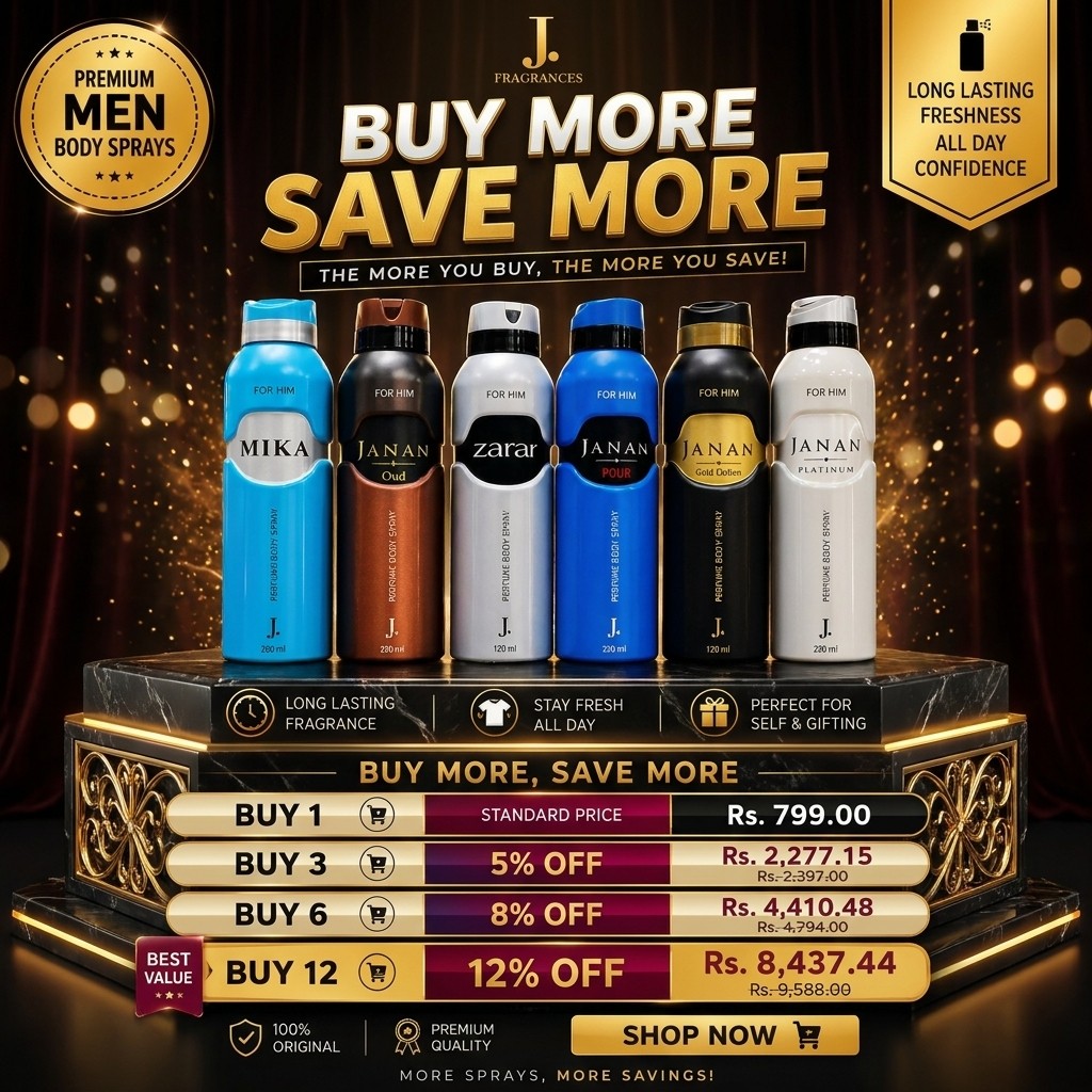 AftonBruen's tweet photo. Buy more, save more! Upgrade your fragrance collection with J. Premium Men’s Body Sprays. Buy 1 for Rs. 799, or save 5% on 3, 8% on 6, and 12% on 12—the best value. Long-lasting freshness, perfect for personal use or gifting. https://t.co/woGqh3nRVX