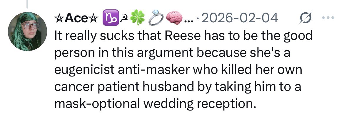 notkimberlyno's tweet photo. reminder that serene_necrosis had a maskless indoor wedding in 2023 and also accused a widow of killing her husband (who died of cancer) by having a maskless outdoor wedding! https://t.co/70TW1vMDvN