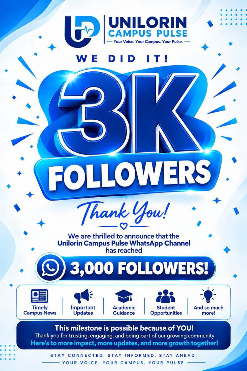 Campus__Pulse's tweet photo. UNILORIN CAMPUS PULSE HITS 3K FOLLOWERS! 🚀

3,000 followers. 3,000 people who chose to stay informed with us. 

From the very first update to where we are today, every follow, view, reaction, share, comment, recommendation and word of encouragement has contributed to this journey. You have trusted us to bring you campus news, admission updates, opportunities and information that matters, and we do not take that trust for granted.

To everyone who has been with us from the beginning, those who joined along the way, and our newest followers, THANK YOU! 🙏🏽❤️

3K today...the road to 1 MILLION continues.

And if you’re not following us elsewhere, come along.

X — https://t.co/w0fM2W26zR
TikTok — https://t.co/uY3rEMwrfu

UNILORIN CAMPUS PULSE
Your Voice. Your Campus. Your Pulse.