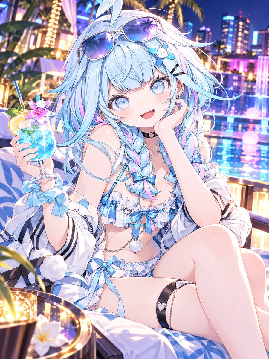 L10N_AIresR's tweet photo. 2026年9月27日
おはようございます(*･ω･)*_ _)ﾍﾟｺﾘ
ChatGPT作成

水着写真集の表紙風イラストとサンプル画像イラスト
ナイトプールで写真撮影をした水宮枢

 #L10N_artR
 #AIart
 #SFW ㅤ https://t.co/HBn3qrzVyF