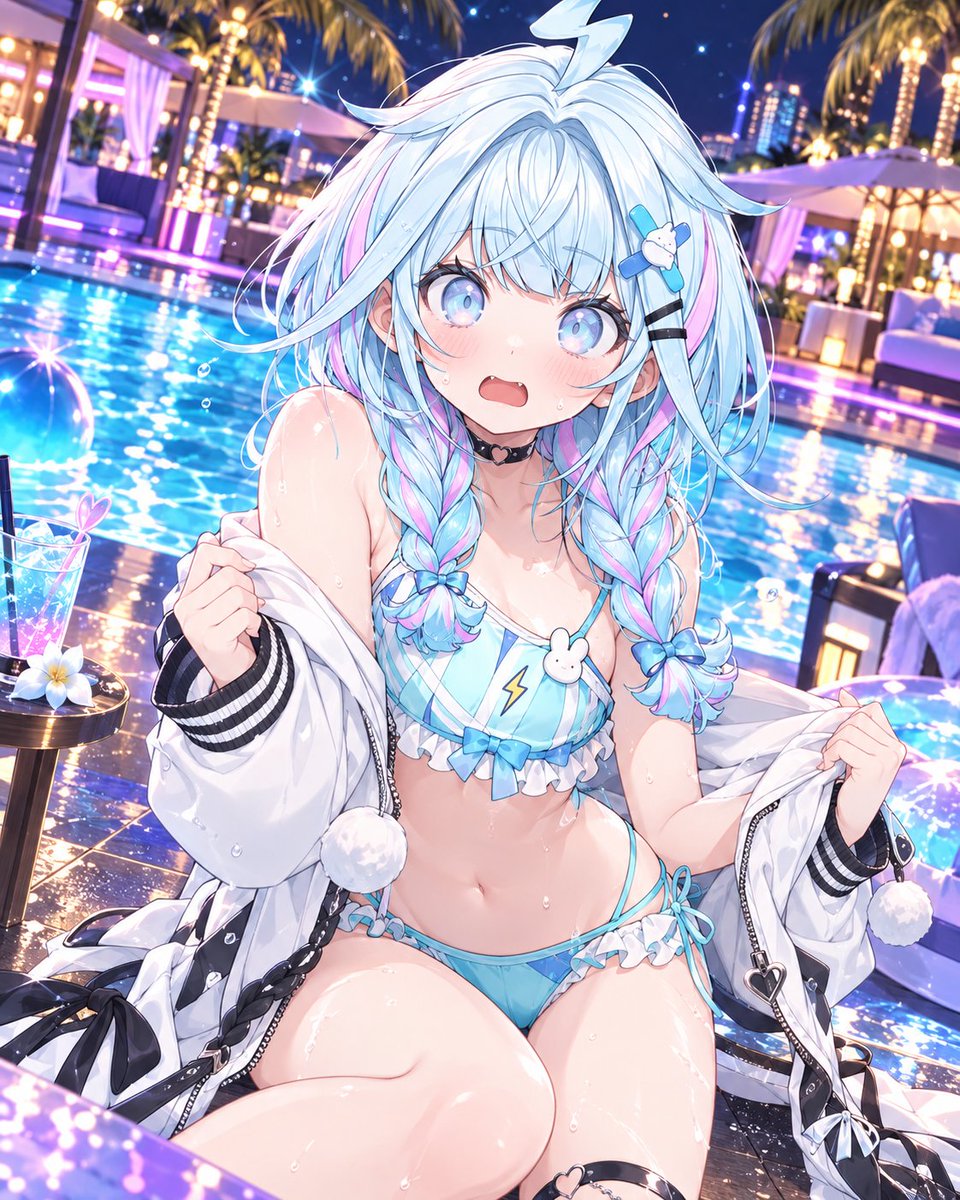 L10N_AIresR's tweet photo. 2026年9月27日
おはようございます(*･ω･)*_ _)ﾍﾟｺﾘ
ChatGPT作成

水着写真集の表紙風イラストとサンプル画像イラスト
ナイトプールで写真撮影をした水宮枢

 #L10N_artR
 #AIart
 #SFW ㅤ https://t.co/HBn3qrzVyF