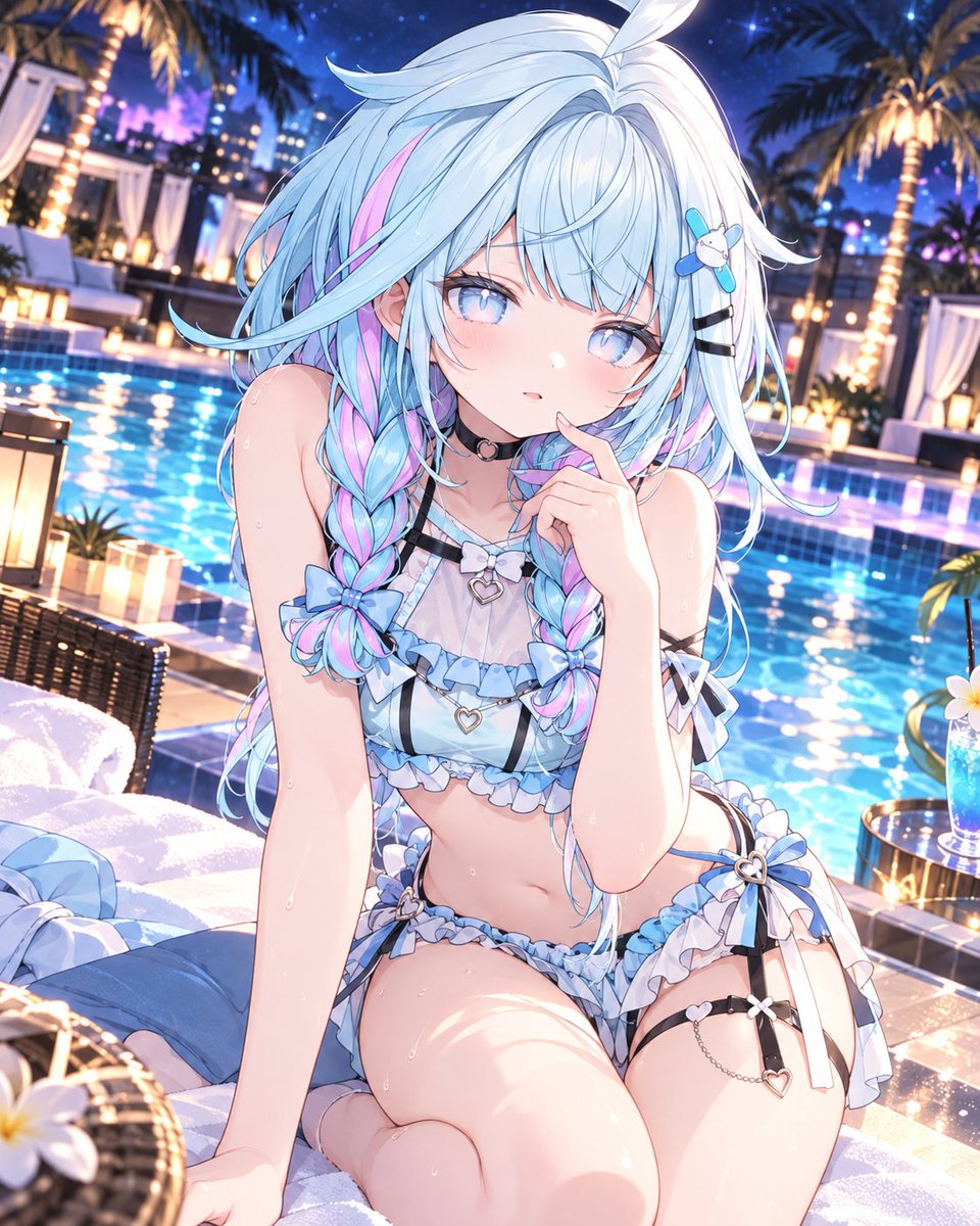 L10N_AIresR's tweet photo. 2026年9月27日
おはようございます(*･ω･)*_ _)ﾍﾟｺﾘ
ChatGPT作成

水着写真集の表紙風イラストとサンプル画像イラスト
ナイトプールで写真撮影をした水宮枢

 #L10N_artR
 #AIart
 #SFW ㅤ https://t.co/HBn3qrzVyF