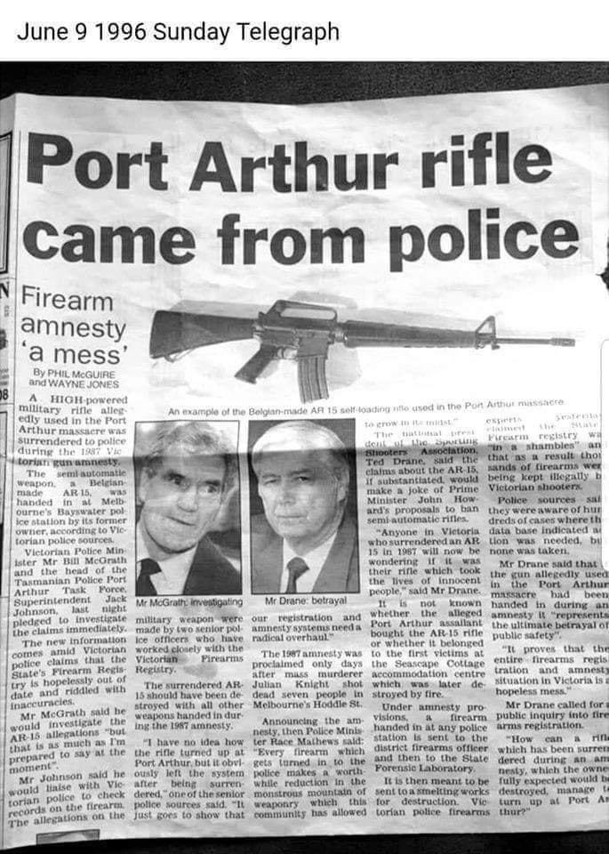 susanmc70244621's tweet photo. Great news as Port Arthur was a set up,, the rifle was owned by police 

#portarthurmassacre   #johnhowardportarthur  #martinbryantinnocent https://t.co/isOB3zlKfL
